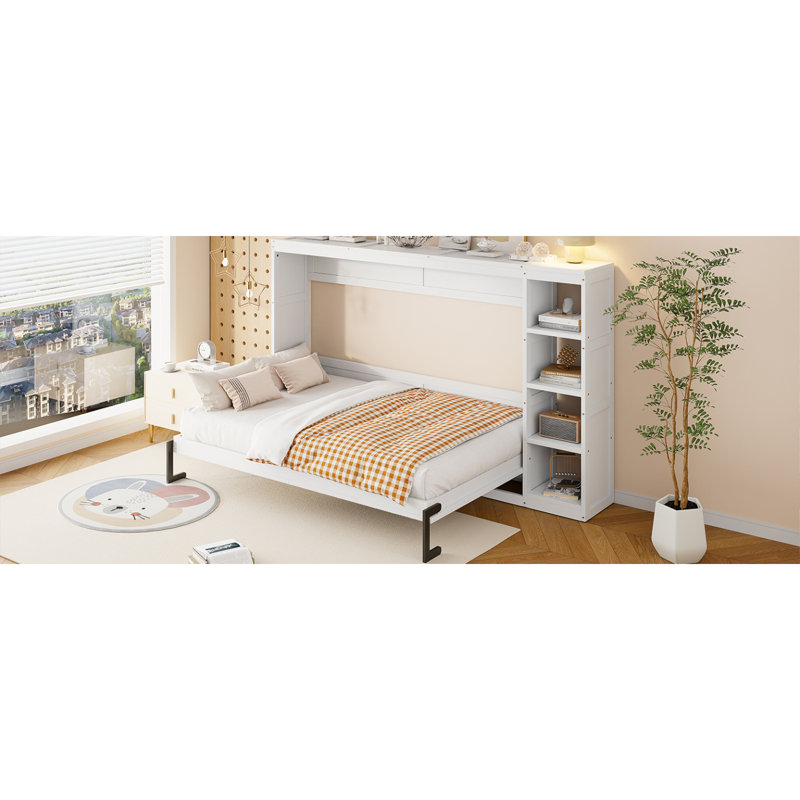 Lit escamotable double avec bibliothèque, blanc, Blanc