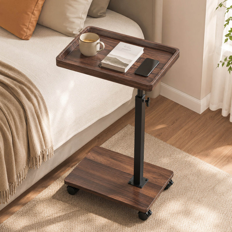 Table de bout réglable en forme de C avec plateau pivotant et roulettes