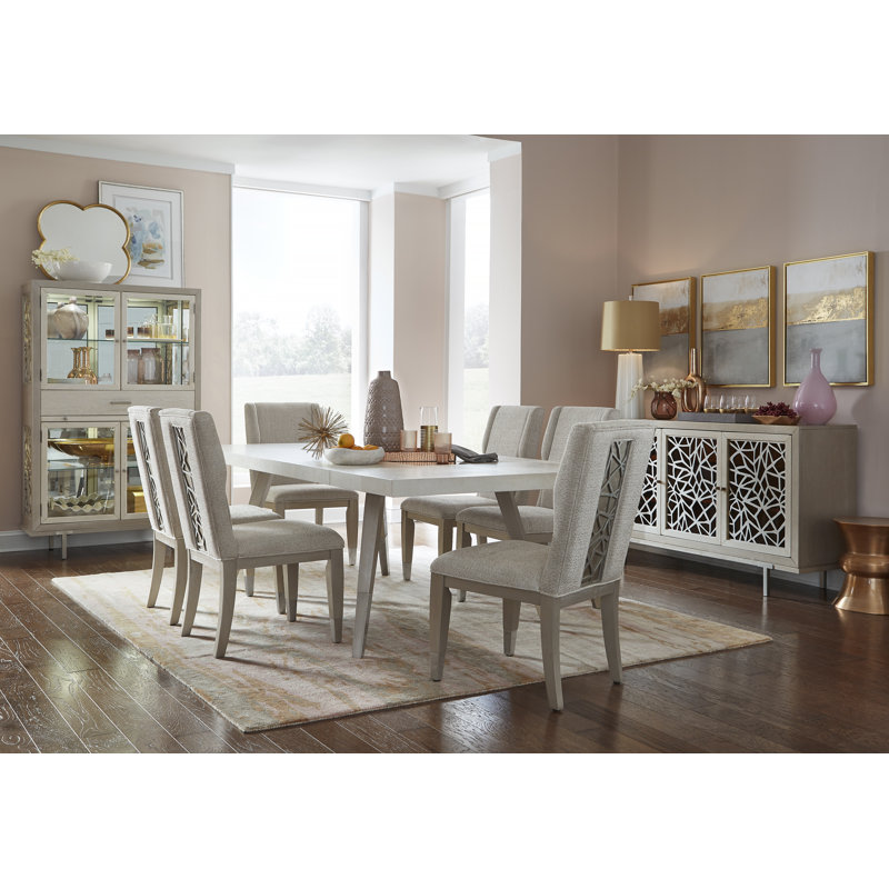 Extendable Rectangular Dining Table With 4 Host Chairs, White/Beige, 5 Pcs: Table, 4 Chairs