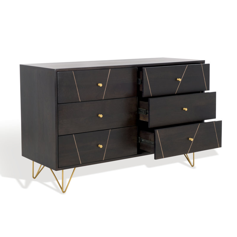 Commode double en bois massif à 6 tiroirs Danne, Noir / or