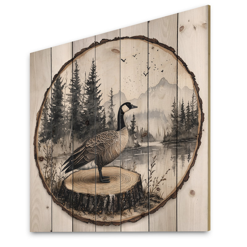Goose In Canadian Forest Lake Landscape III - Goose Animal Wood Wall Decor - On Natural Pine Wood, 36" H x 36" W x 0.78" D