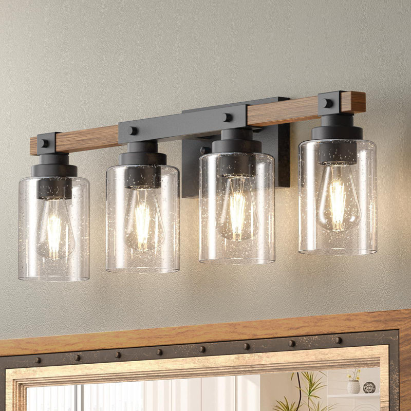 Rustic Black and Wood 4-Light Vanity Fixture with Clear Glass Shades