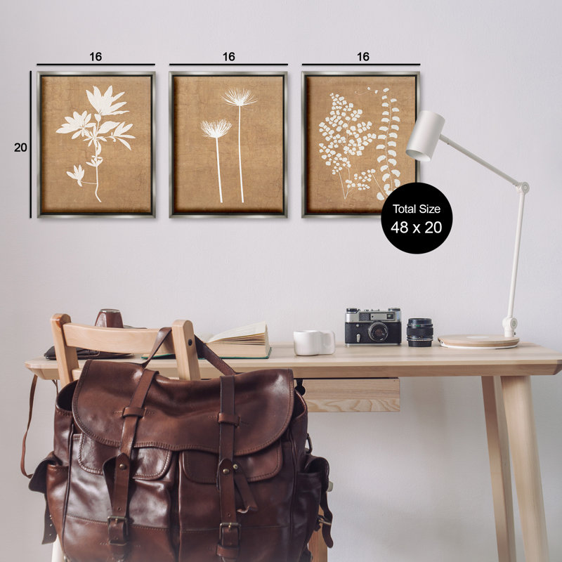 "Nature Botanical Silhouettes" par Graffitee Studios 3 - Pièces sur toile, Cadre flottant gris lustré, H 21 po x l 51 po