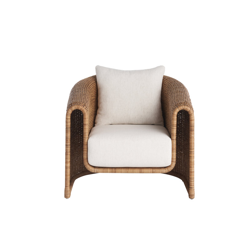 Natural Rattan Barrel Lounge Chair with White Cushions