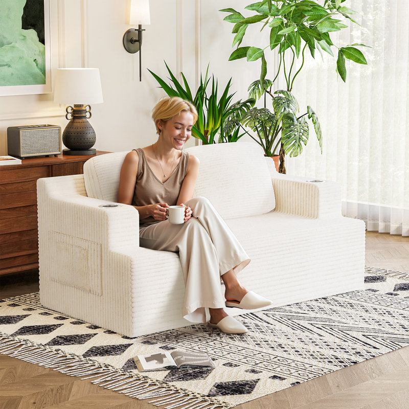 Boneless Foam Loveseat Sofa with Cup Holders and Throw Pillows, 28.35" H x 66.93" W x 35.43" D, Beige