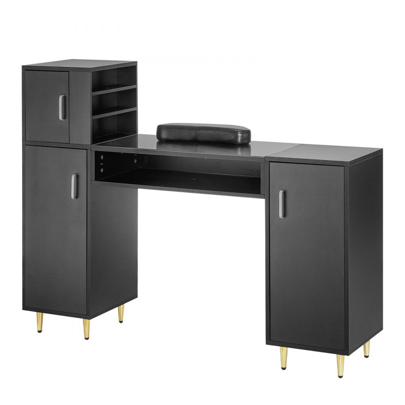 Table de manucure, bureau à clous en verre, poste de maquillage avec armoires de rangement, Noir, noir, noir, noir