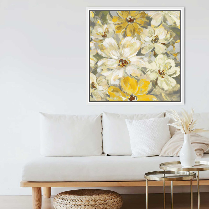 "Scattered Spring Petals Yellow Grey Crop" par Silvia Vassileva, reproduction sur toile dans un cadre flottant, Blanc