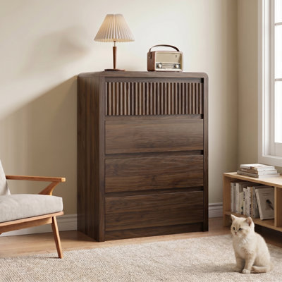 4-Drawer Fluted Chest of Drawers, Natural Wood Finish Tall Dresser with Hidden Pull Handles, Anti-Tip Safety Design, Waterproof Surface & Rounded Corners, Easy Assembly Storage Cabinet for Bedroom, Living Room Entryway