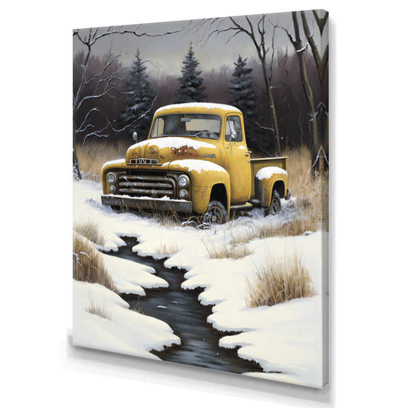 Jaune et brun, camionnette rétro - art mural rétro sur toile, L 12 po x H 20 po, Toile tendue