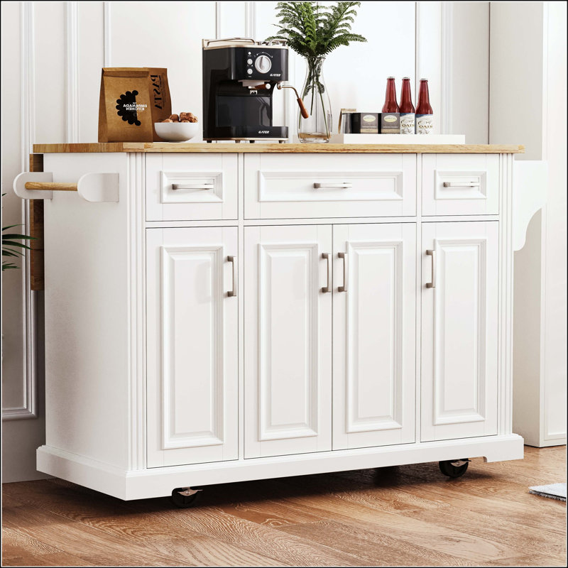 Îlot de cuisine 54 po avec texture en relief, abattant en bois d'hévéa et 4 portes, Blanc