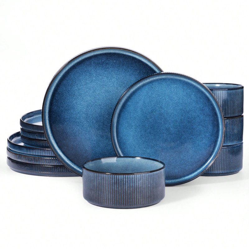 Ensembles d'assiettes et de bols, ensembles de vaisselle en grès moderne pour 4, ensemble de vaisselle de cuisine de 12 pièces, micro-ondes et vaisselle allant au lave-vaisselle