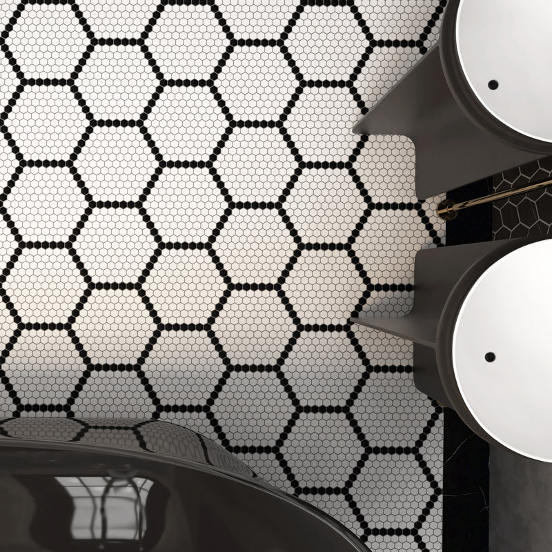 Metro Geo 1" Hex Matte White with Black Edge 10-1/2" x 11-5/8" Porcelain Mosaic Tile