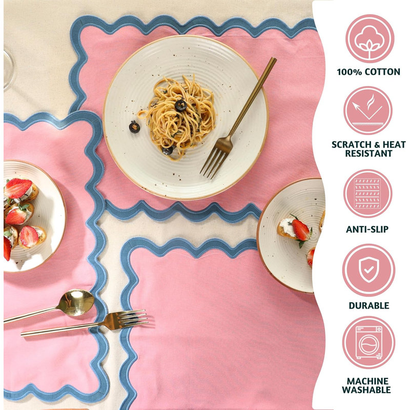 Blush and Blue Scalloped Cotton Placemats Set of 4