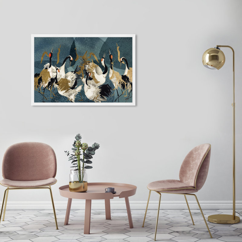 Reproduction d'art mural «Crane Love», animaux, Cadre blanc, H 26 po x l 38 po