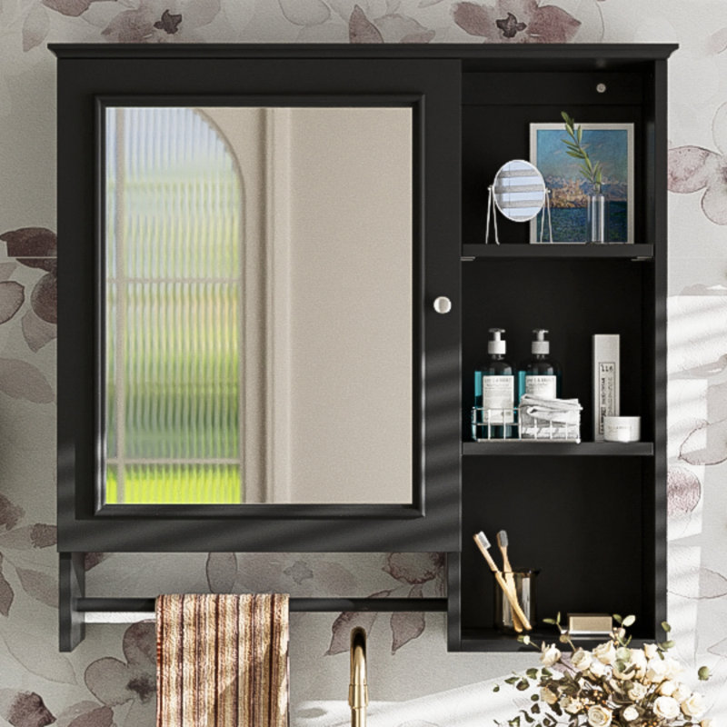 Armoire de rangement murale pour salle de bain, armoires à pharmacie avec grande porte miroir, tablettes réglables et trois niveaux de rangement ouverts (meuble-lavabo non inclus)