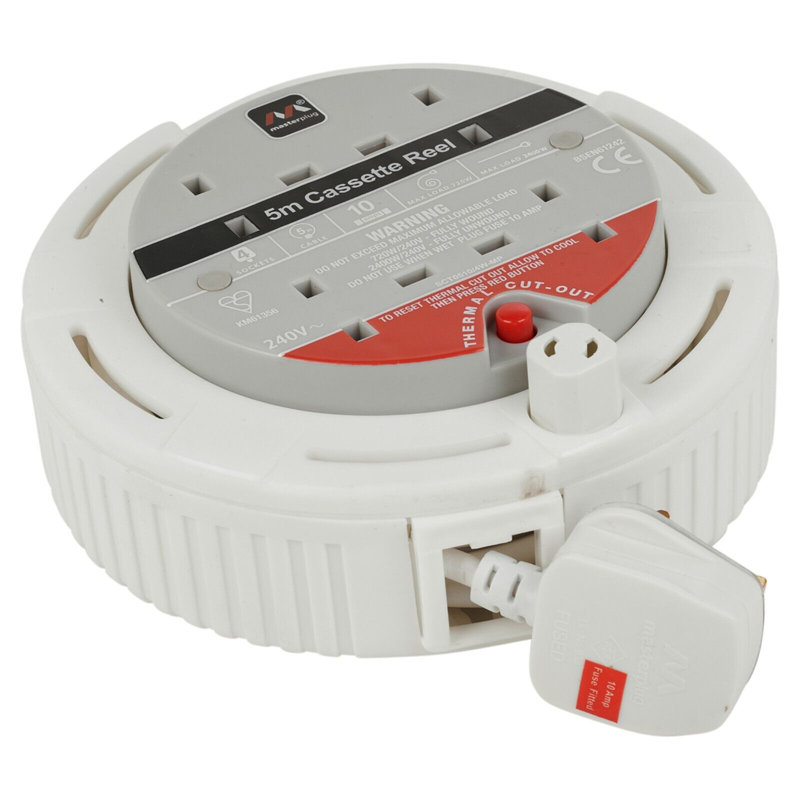 5M 240V 4 Way Multi Plug Socket White Extension Reel Power Cable Thermal Cut Out