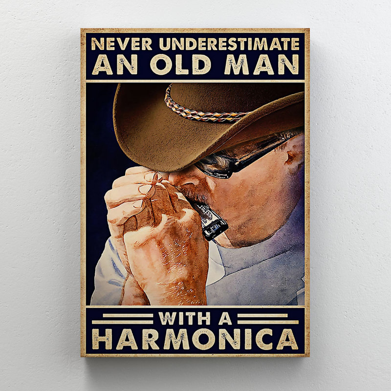 «Old Man jouant de l'harmonica», art textuel sur toile tendue, H 36 po x l 24 po x P 2 po