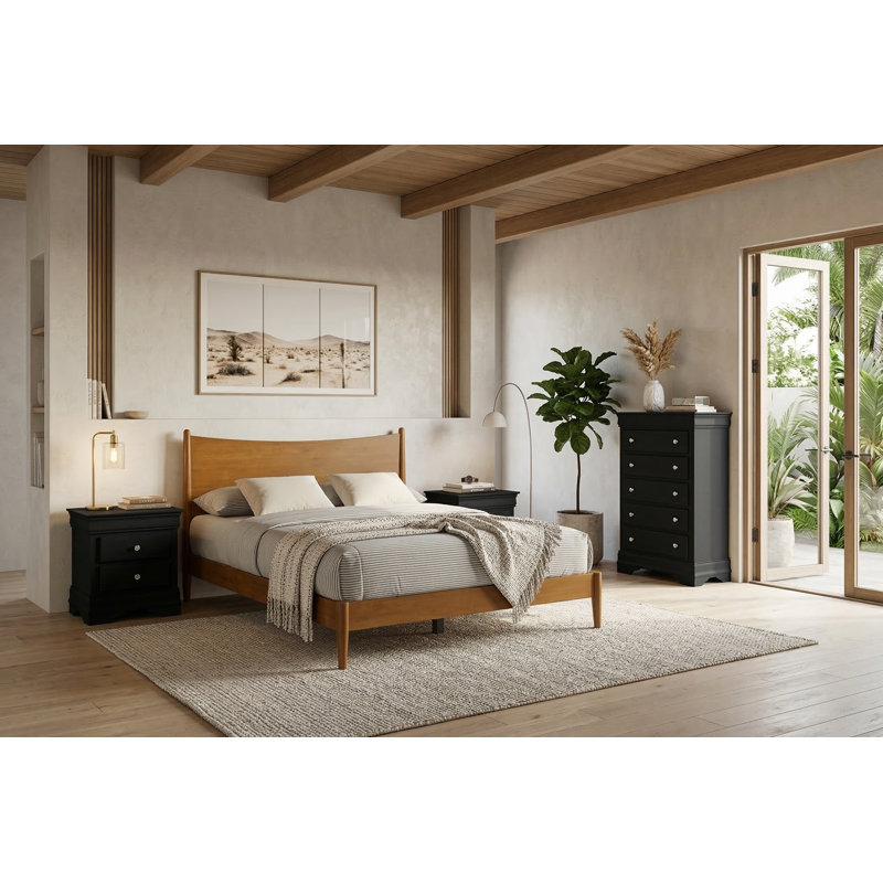 Barvelle Solid Wood 4 Pieces Bedroom Set, Black/Amber Walnut, 4 Pcs: Bed, Chest, 2 Nightstand