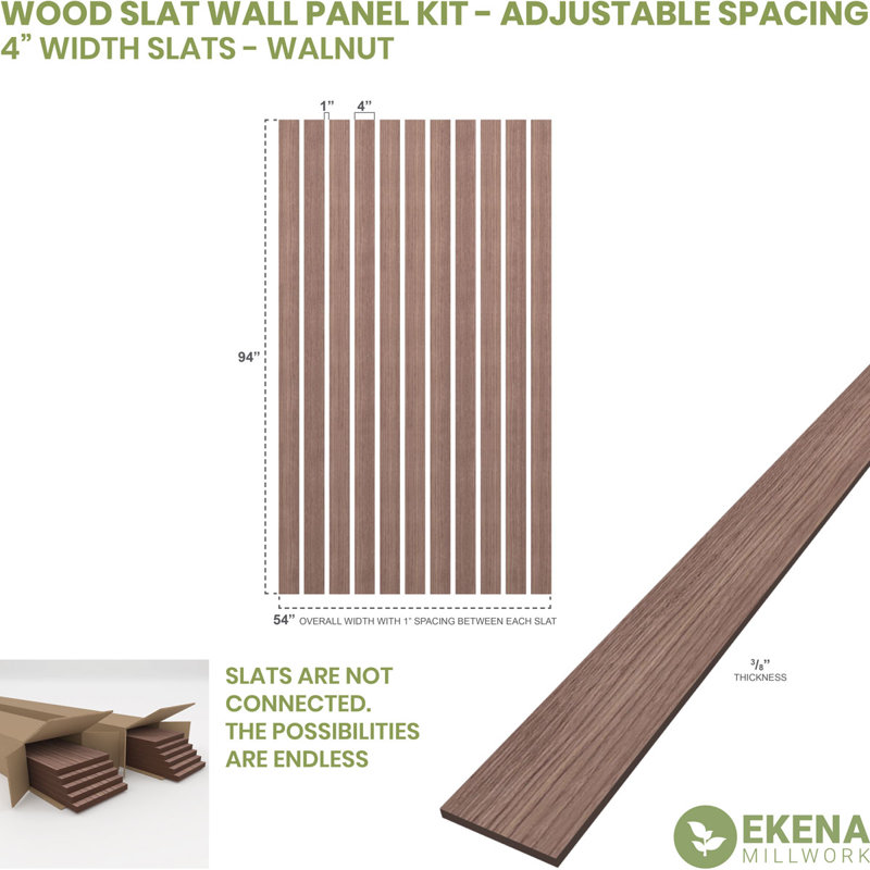 Adjustable Wood Slat Wall Panel Kit, 3"W x 47"H x 0.375"T, Walnut