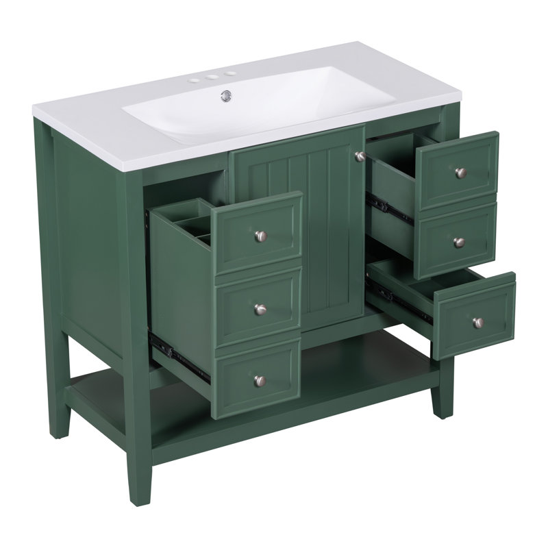 36" Bathroom Vanity With Sink Combo, One Cabinet And Three Drawers, Solid Wood And MDF Board, Green