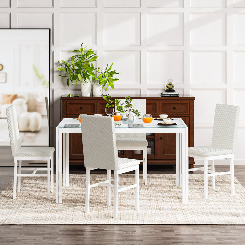 Tempered Glass Dining Table Set For 4, Modern Style Rectangle Dining Room Table Set With 4 Upholstered Armless Dining Chairs, Kitchen Table And Chairs Set For Small Spaces