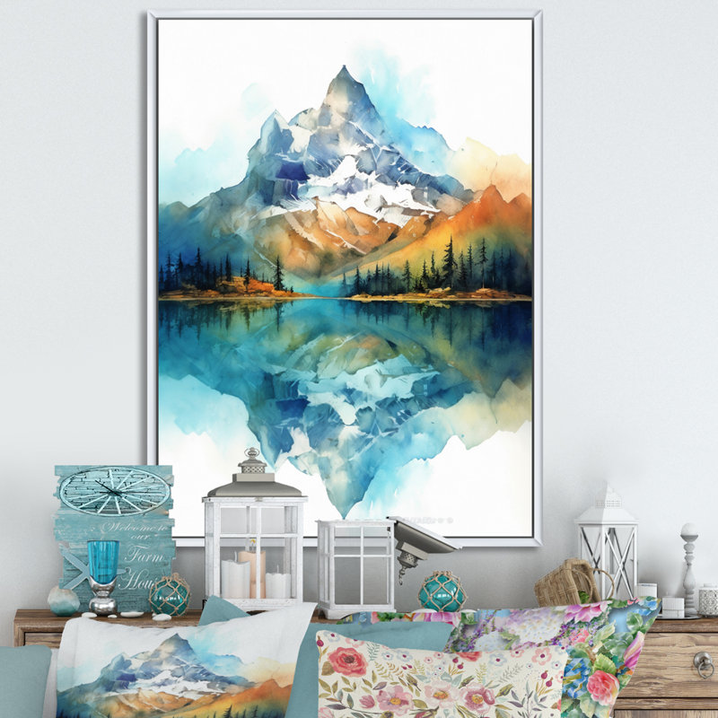 " Calming Mountain Riverside III ", 32" H x 16" W x 1" D, White Floater Framed