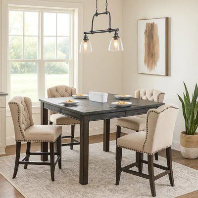 Bega 5Pc Counter-Height Table Set, 4 Tufted Nailhead Chairs, Black Wood