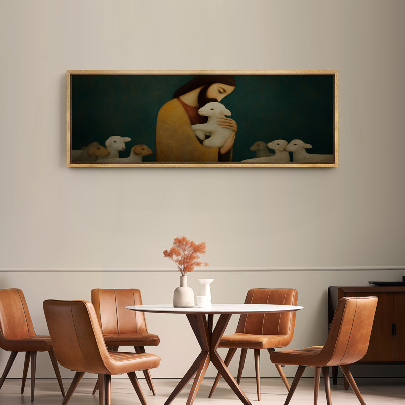 Reproduction d'art sur toile encadrée "Berger et agneau", H 20 po x l 60 po, Naturel