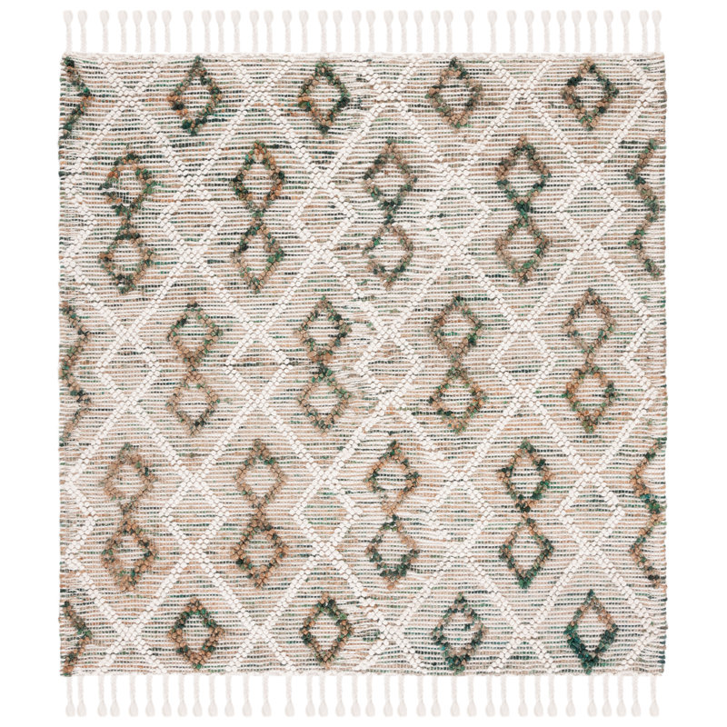 Honeyville Hand Loomed Wool/Jute/Cotton Geometric Rug in Ivory/Emerald, Square 6'