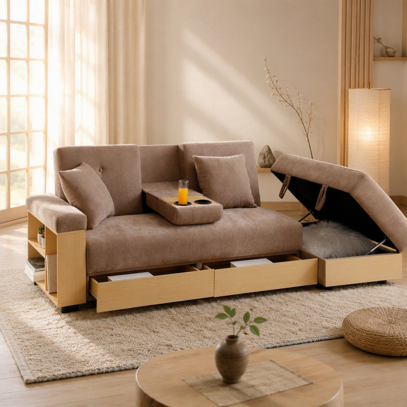 Canapé-lit convertible avec repose-pieds, table rabattable et accoudoirs réversibles pour une utilisation polyvalente dans les salons et les appartements
