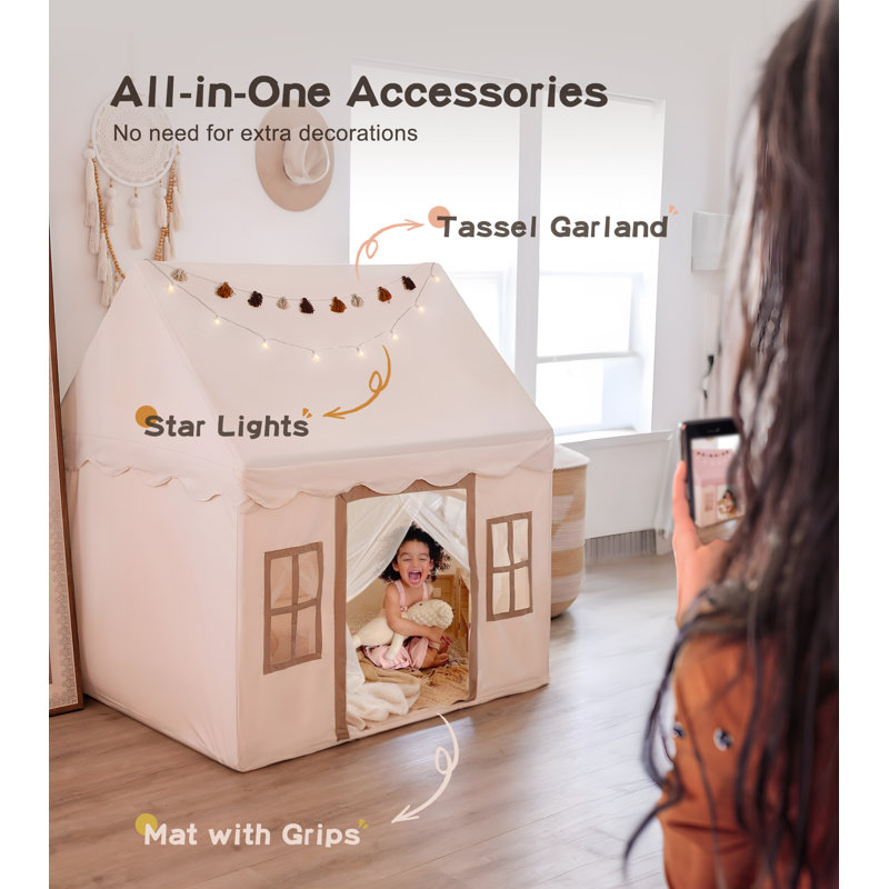 Kids Play Tent with Mat and Star Lights, Indoor/Outdoor Playhouse with Windows, 52" x 35" x 52" for Ages 3+, Beige