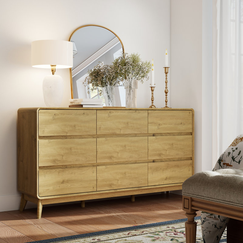 Commode MCM à 9 tiroirs pour chambre à coucher, large de 160 cm, Naturel