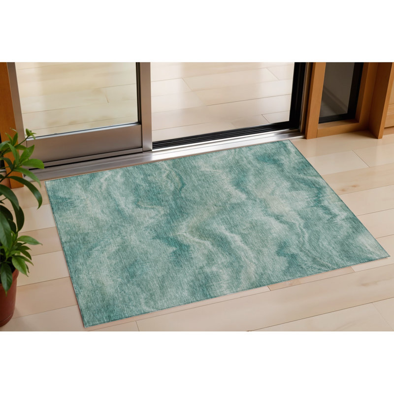 Tapis d'extérieur lavable abstrait bleu sarcelle et ivoire 3 pi x 5 pi