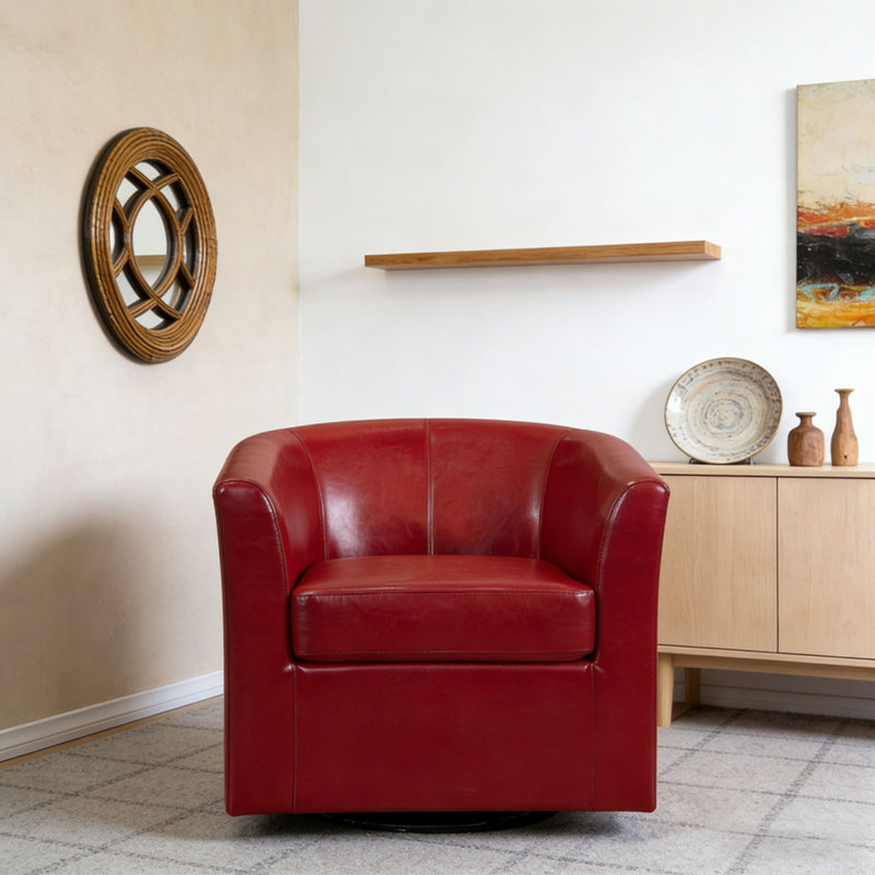 Faux Leather Swivel Barrel Chair, Red