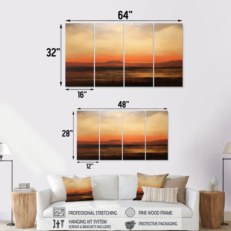 Impressionnant paysage coucher de soleil orange abstrait 4 pièces, H 28 po x l 48 po