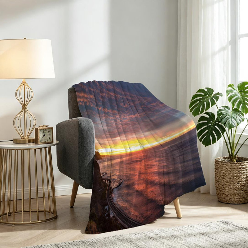 Jeté transparent en flanelle de polaire ultra douce, Sea Bridge Sunrise avec imprimé recto, Simple 60 po x 80 po