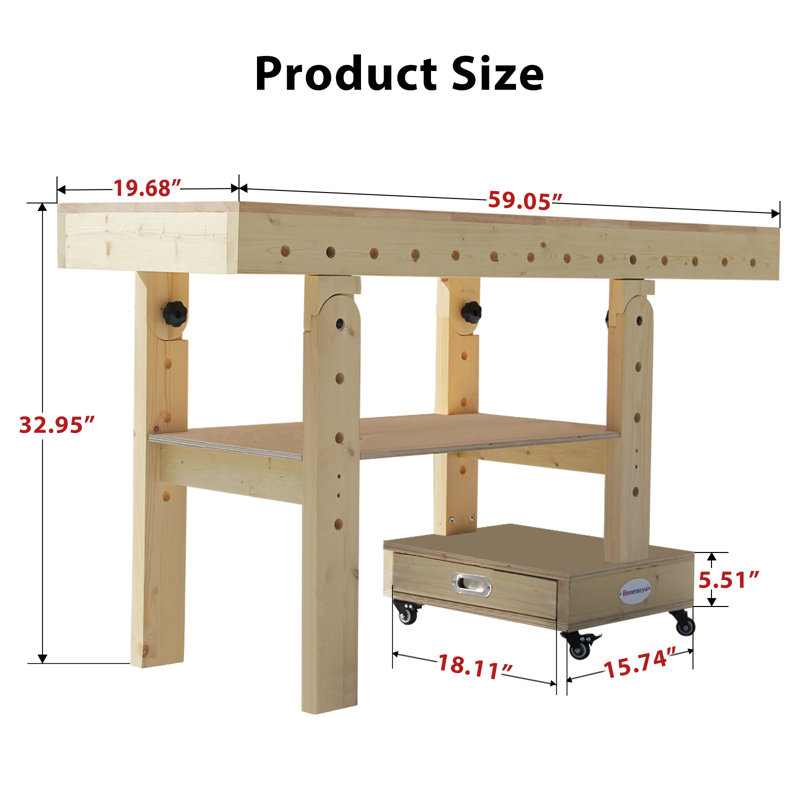 Foldable Workbench With Storage Drawer,Solid Wood Top