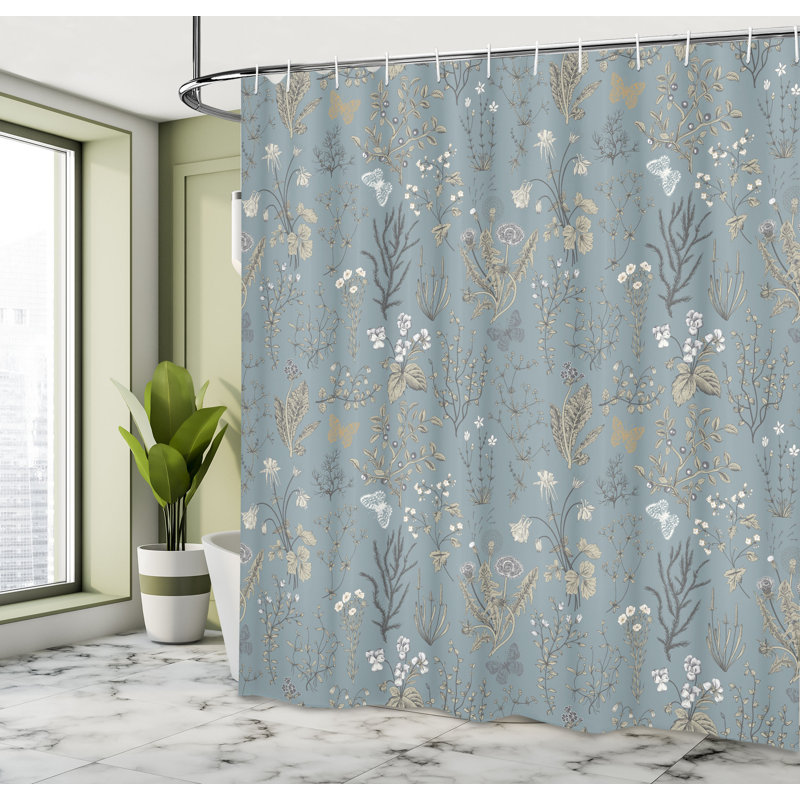 Dark Cadet Blue Floral Fabric Shower Curtain with Hooks