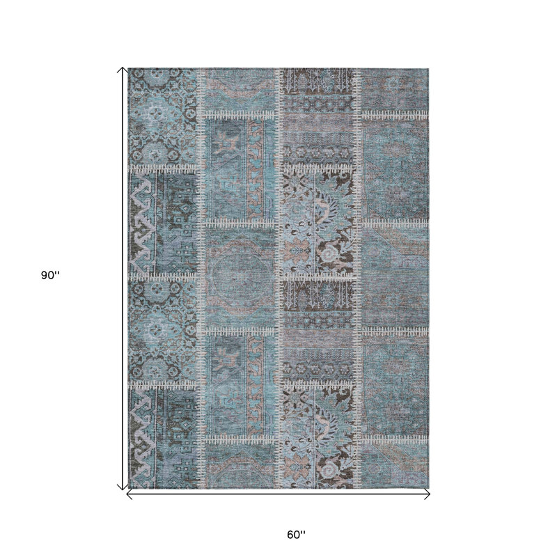 5' X 8' Teal Blue Aqua And Beige Patchwork Washable Indoor Outdoor Area Rug