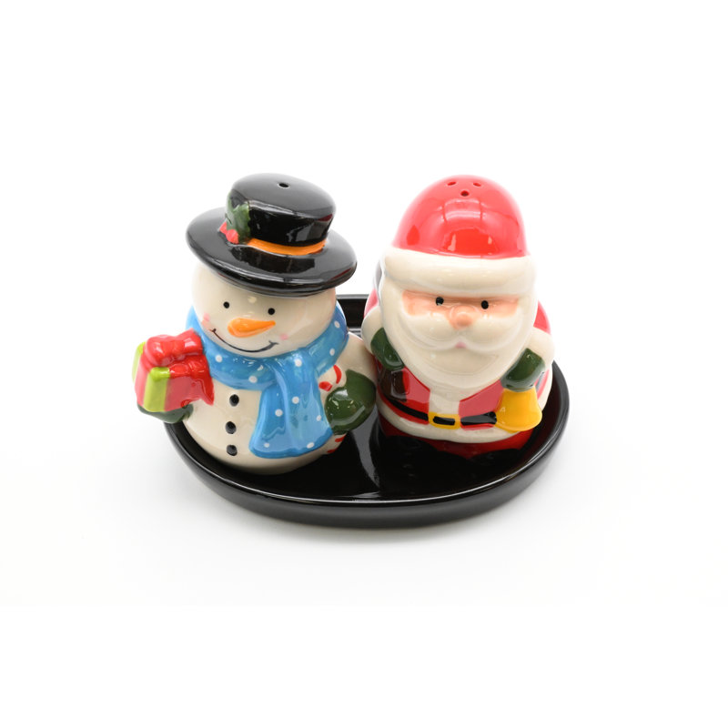 Plateau à sel et poivre Père Noël et bonhomme de neige et plateau en céramique noire