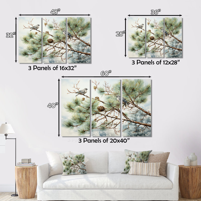 Oiseau sur pin I - Art mural pin, H 34 po x l 44 po x P 1,5 po, Cadre flottant brun
