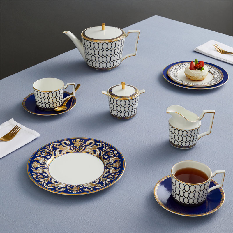 Navy and Gold Geometric 5-Piece Teapot Set