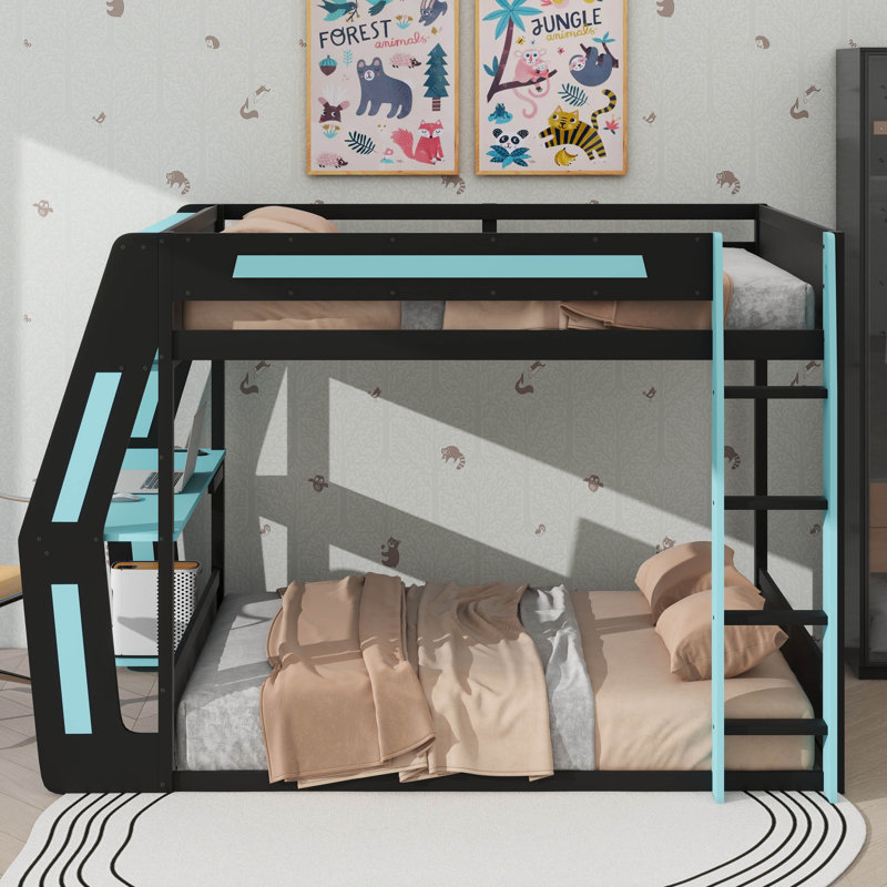 Lit double superposé double pleine grandeur avec bureau intégré, charge USB et gestion des câbles, cadre en bois avec bande lumineuse à DEL