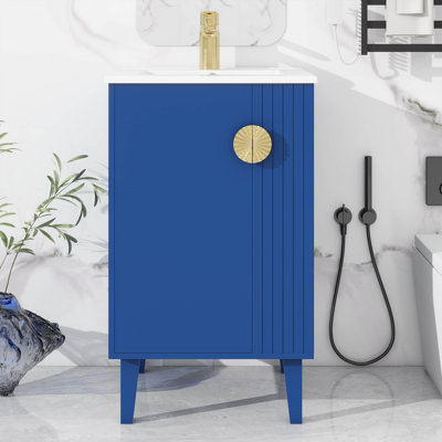 Meuble-lavabo de 20 po avec lavabo, petit ensemble de meuble-lavabo simple autoportant, lavabo en céramique, porte à fermeture en douceur, poignées en demi-lune élégantes, pour les salles de bain compactes