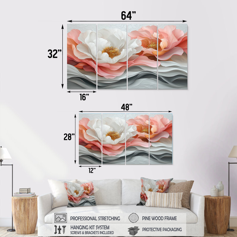 Flottman - décoration murale pivoines - art mural traditionnel 4 pièces, H 28 po x l 48 po