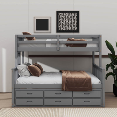 Twin-Over-Full Convertible Bunk Bed Frame With Detachable Ladders Wooden Split Bedframe With Trundle Plus Drawers