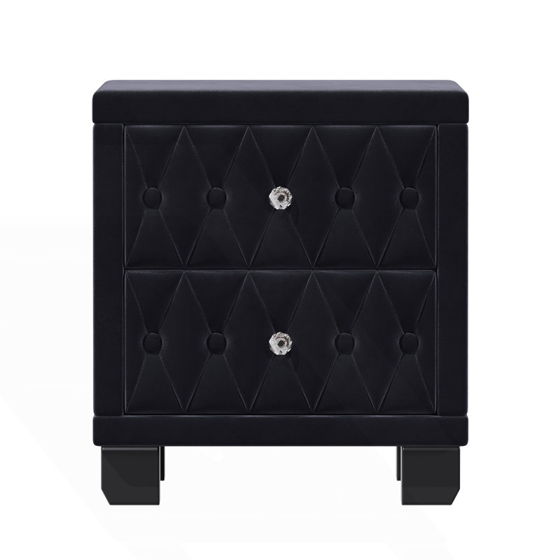 Table de chevet élégante en velours avec 2 tiroirs et poignée en cristal