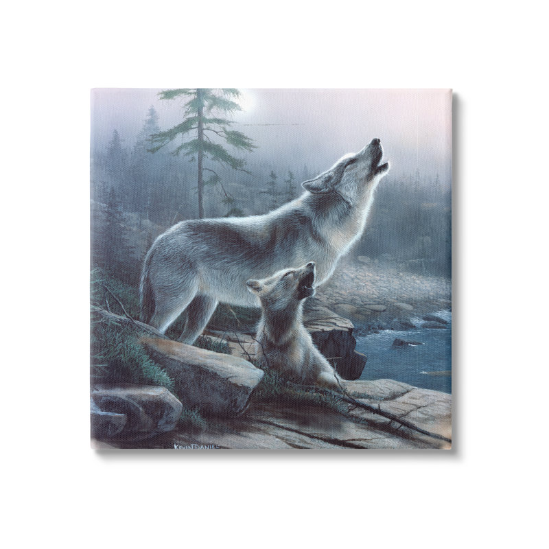 " Howling Wolf & Pup Landscape " by Kevin Daniel Painting Print, 30" H x 30" W x 1.5" D
