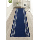 Custom Size Anti Slip Low Profile Loop Pile Meander Greek Key Navy Design Runner Rug Carpet