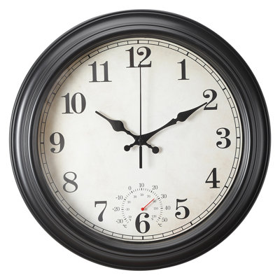 American Plastic Wall Clock with Thermometer 16 Inch - Black